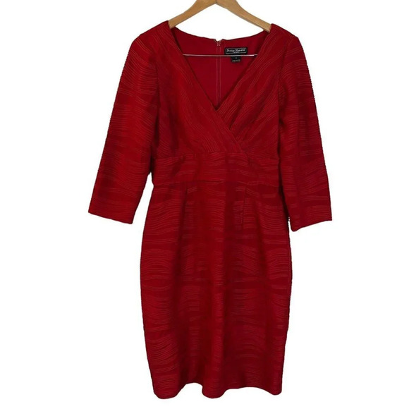 Jessica Howard Evenings Red Dress 12 Textured Pleated Wavy Stripes 3/4 Sleeves - Picture 1 of 9